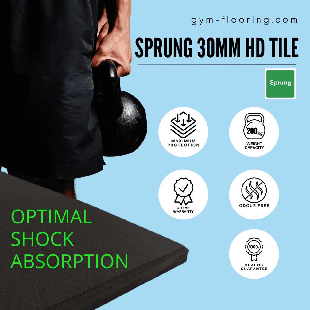 30mm Sprung PRO Gym Floor Tile - Rubber Heavy Duty Gym Flooring-Sprung Gym Flooring