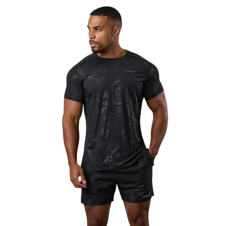Gym King Debossed Camo Short Sleeve T-Shirt - Black-Fight Equipment UK