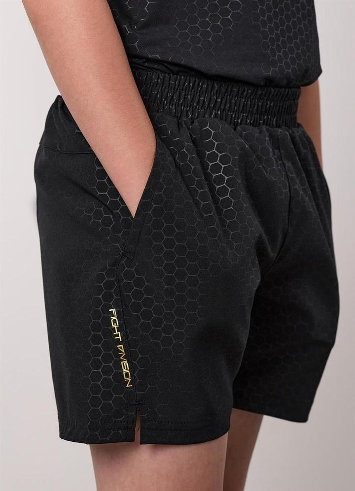 Gym King Fight Division Kids Debossed Training 5" Shorts - Black/Gold-Gym King