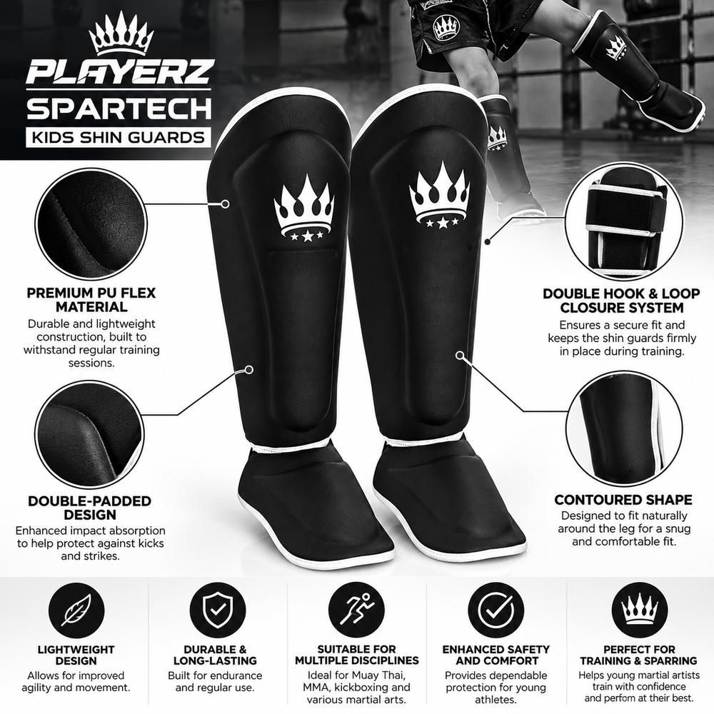 Playerz Kids SparTech Shin Guard - Black-Playerz Boxing