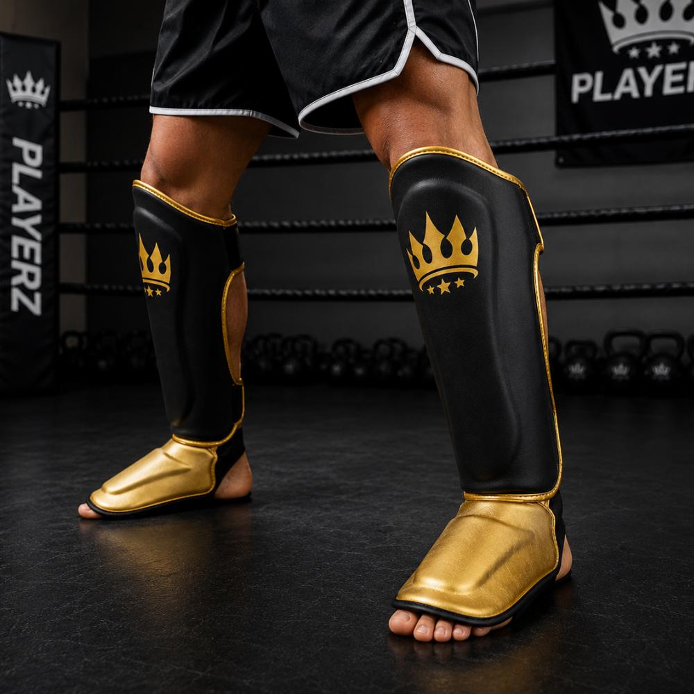 Playerz Power Shin Guards - Black/Gold-Playerz Boxing