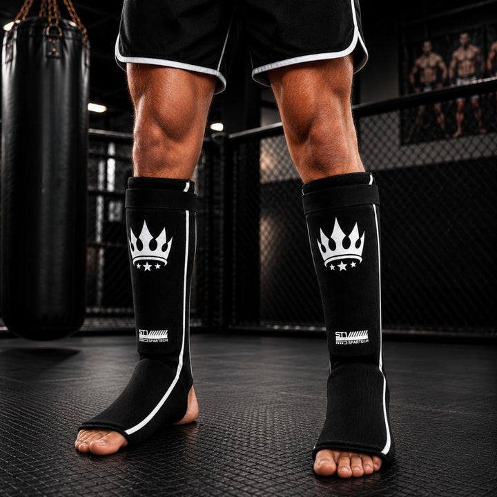 Playerz SparTech Lightweight Cotton Shin Guards - Black/White - Adults & Kids-Playerz Boxing