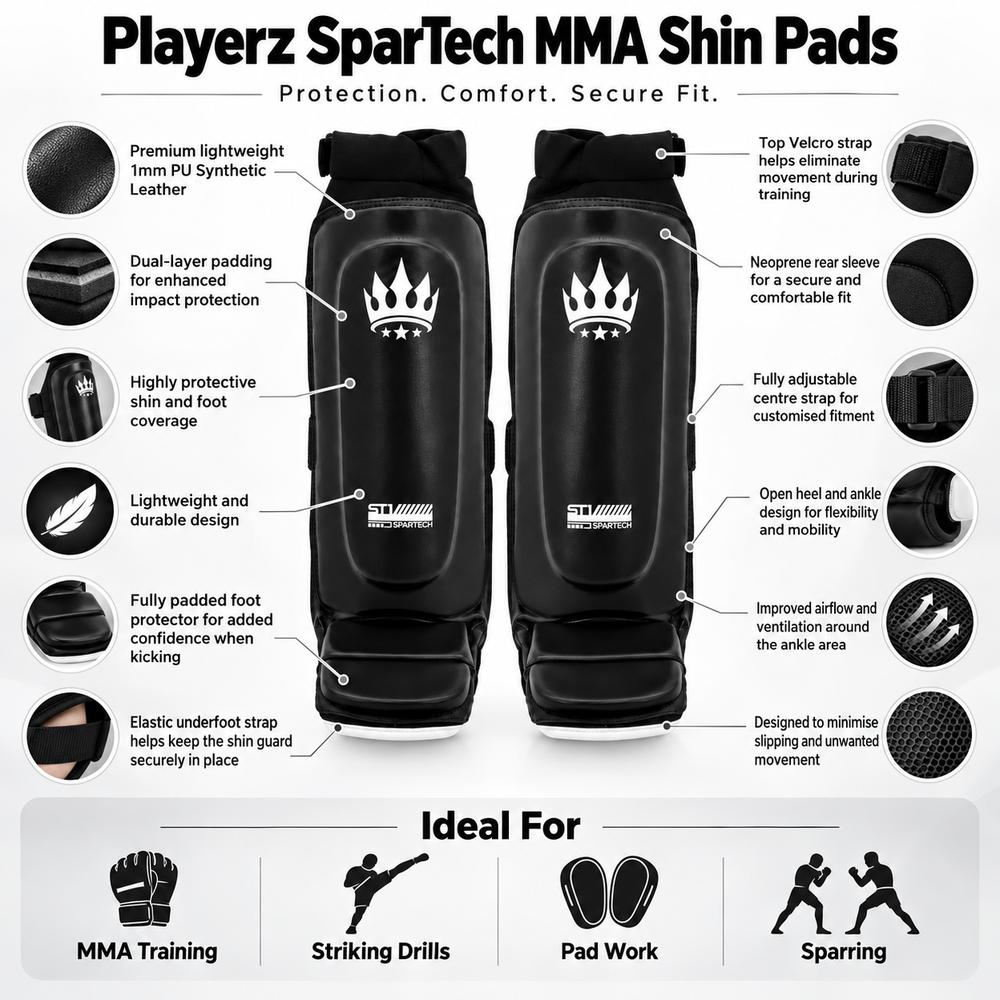Playerz SparTech MMA Shin Guard - Black/White-Playerz Boxing