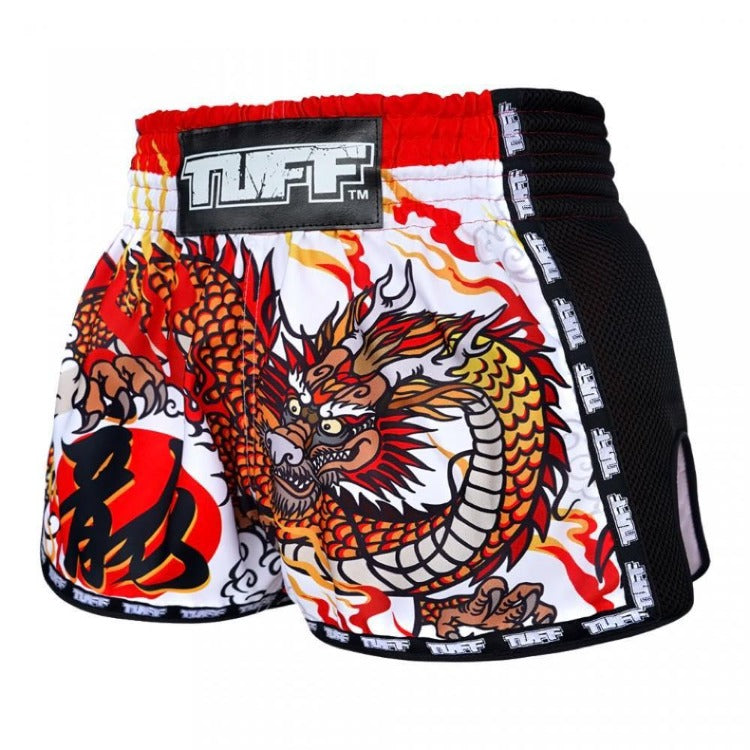 TUFF Retro Muay Thai Shorts - White Chinese Dragon