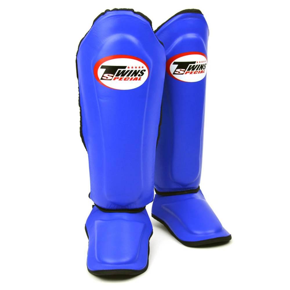 Twins Double Padded Leather Shin Guards - Blue-Twins