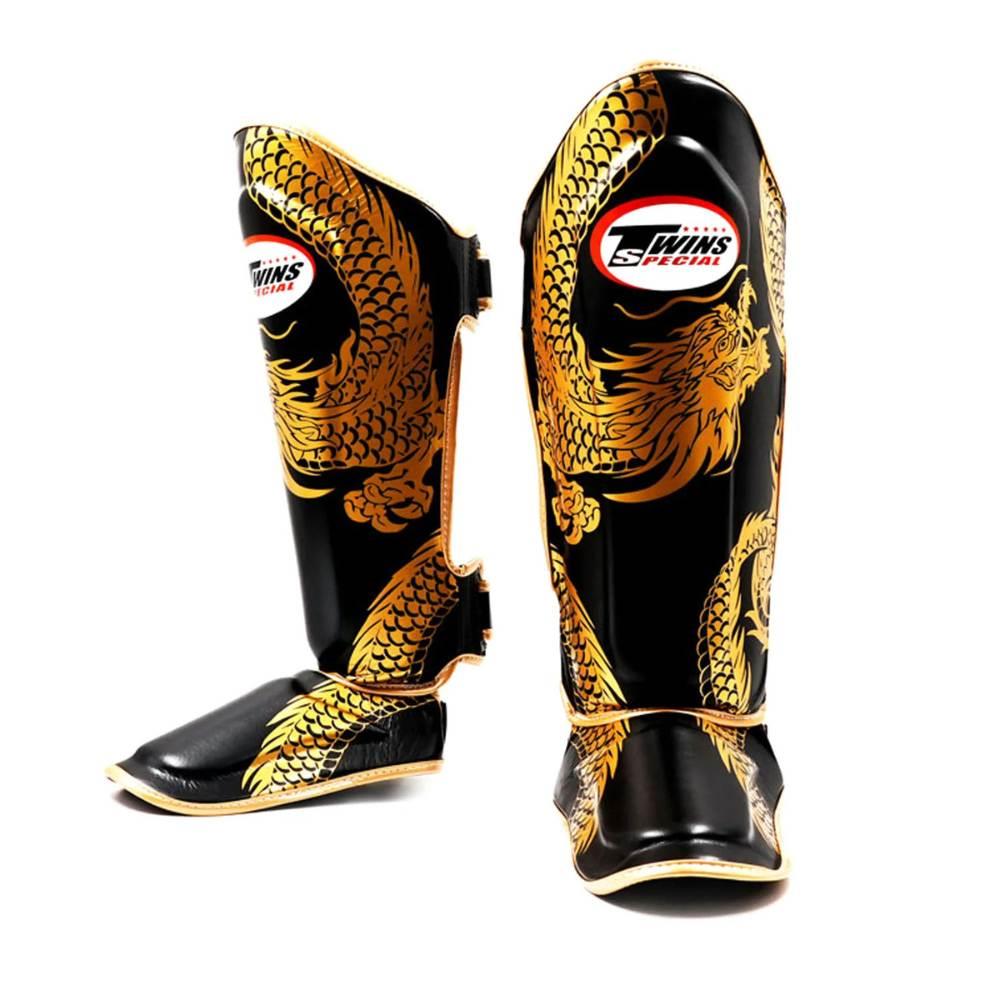 Twins Double Padded Leather Shin Guards - Dragon Black/Gold-Twins