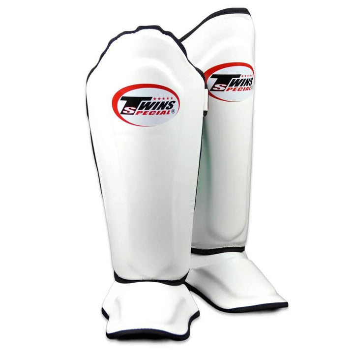 Twins Double Padded Leather Shin Guards - White-Twins