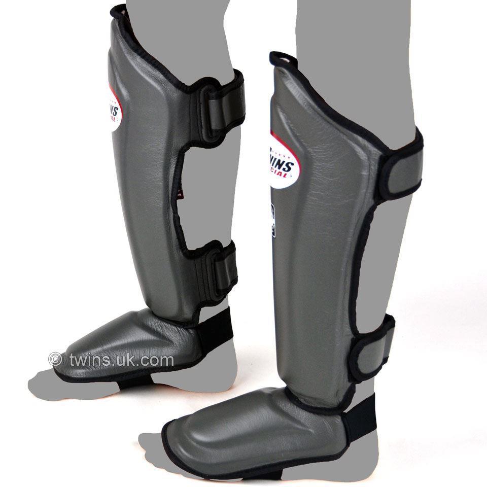 Twins Double Padded Leather Shin Guards Grey | Equipment | Fight Equipment UK