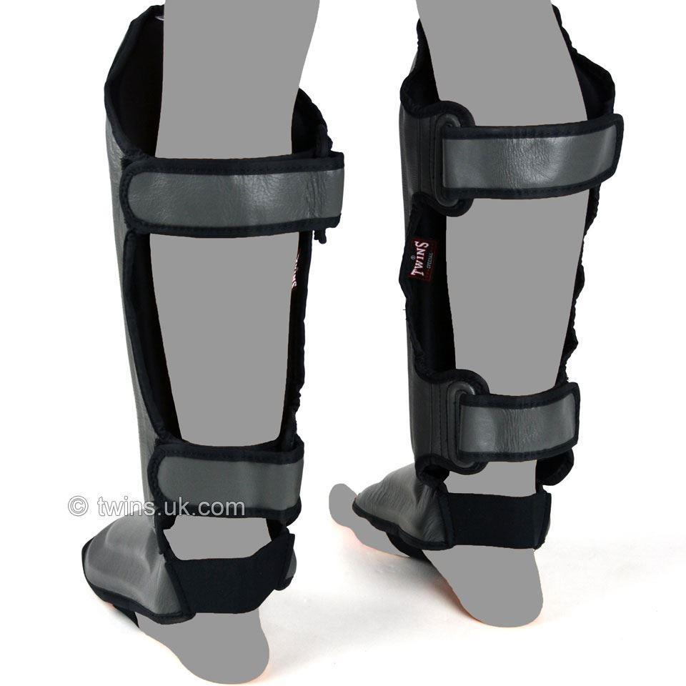Twins Double Padded Leather Shin Guards Grey | Equipment | Fight Equipment UK