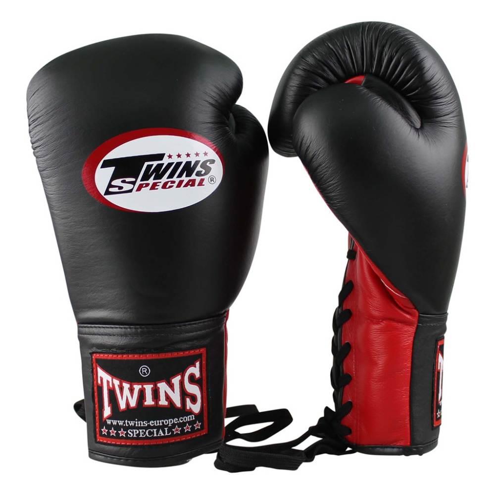 Twins Lace Up Boxing Gloves - Black/Red-Twins
