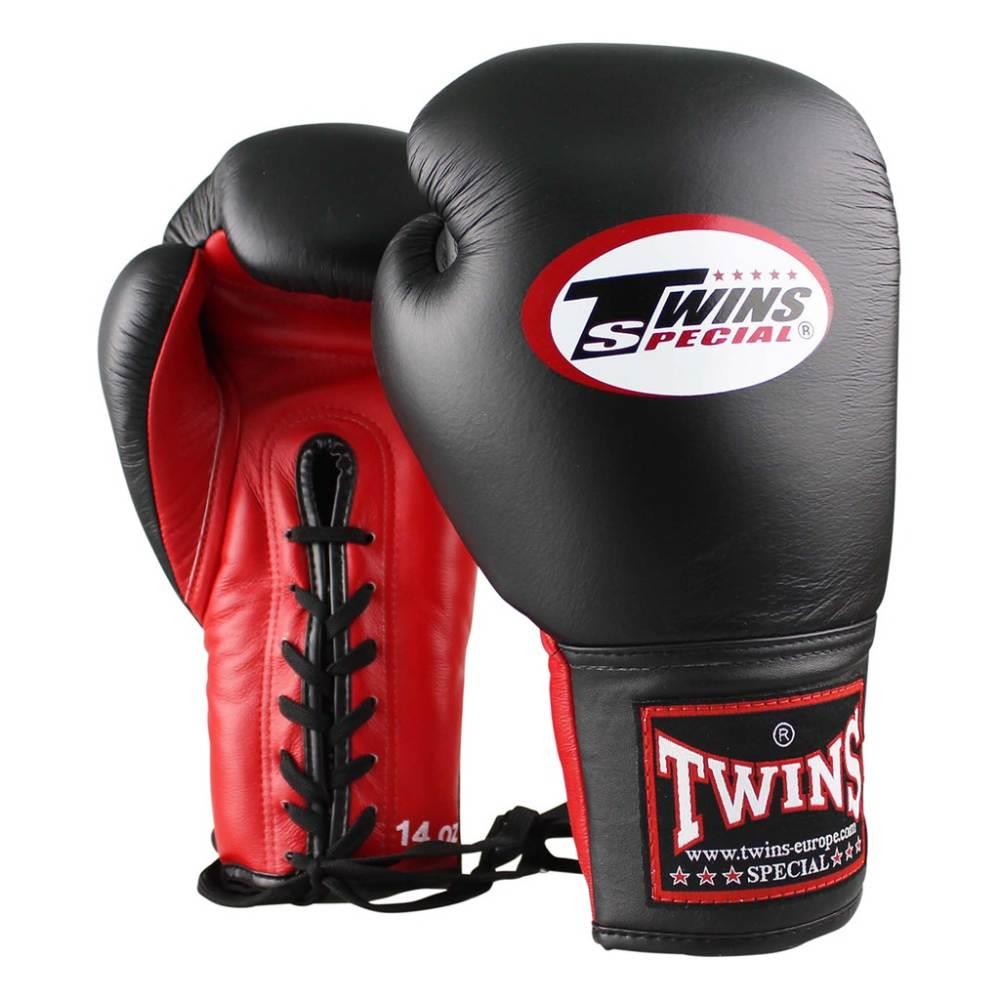 Twins Lace Up Boxing Gloves - Black/Red-Twins